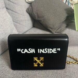 Black 'Cash Inside' Leather Crossbody Bag with Gold Hardware